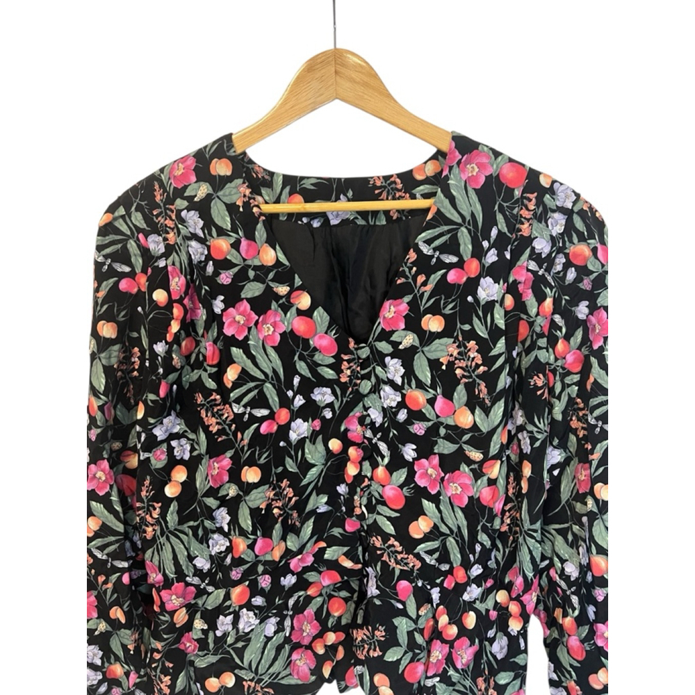 Vintage Black Floral Fruit Print Blouse Large Cottagecore Button Front Top - Picture 3 of 9
